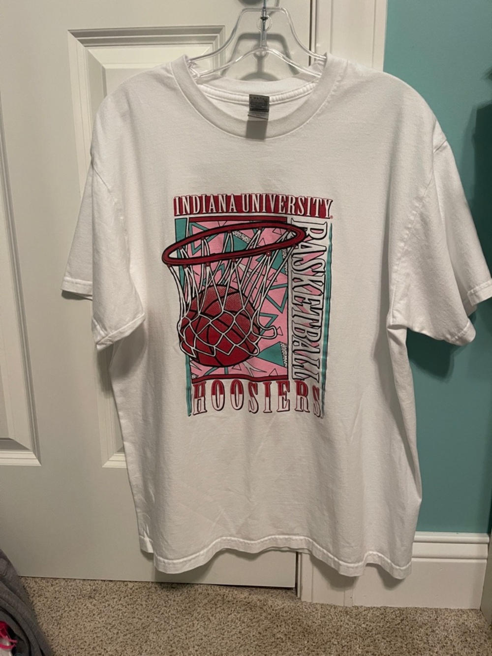 Gildan White Tee with Red and Pink Indiana University Basketball Graphic